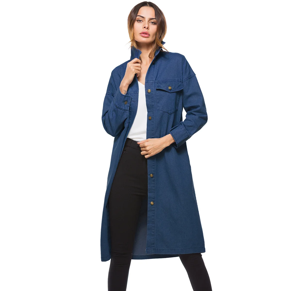 pu Femelle Tranchée Hiver Taille Manches Tops Lâche Longue Manteau long Une Ciel Bleu Salopette Automne Occasionnel Bleu 2018 Femmes X Denim qHwCWP