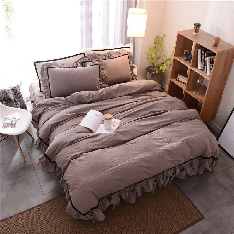 4Pcs Washed Cotton Fresh Pure Bedding Set Yarn Dyed Ruffles Duvet cover
