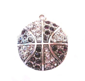 

New Arrival 50pcs antique silver color Basketball Purple and Clear crystal sports Pendant(P100012)