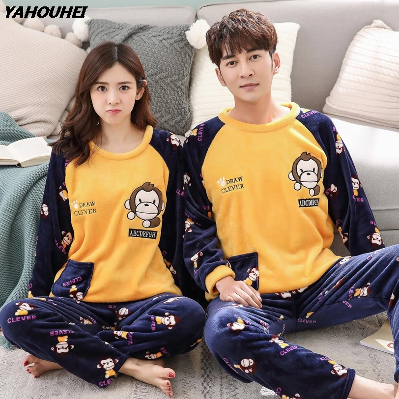 2019 Winter Couples Thick Warm Flannel Pajama Sets For Women Long Sleeve Coral Velvet Pyjama Men Cute Cartoon Sleepwear Homewear | Женская