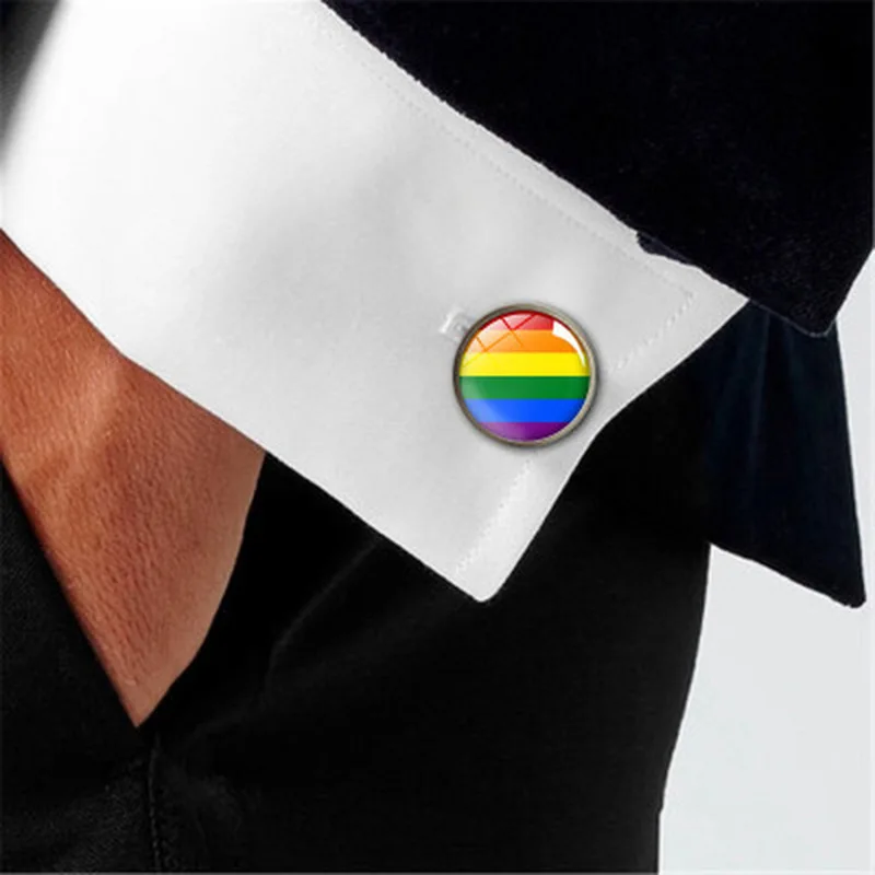 

LGBT Pride Colorful Rainbow Flag Shirt Cufflinks LGBT Flag for Lesbian Crystal Glass Cabochon Wedding Cufflinks Gay Men Jewelry