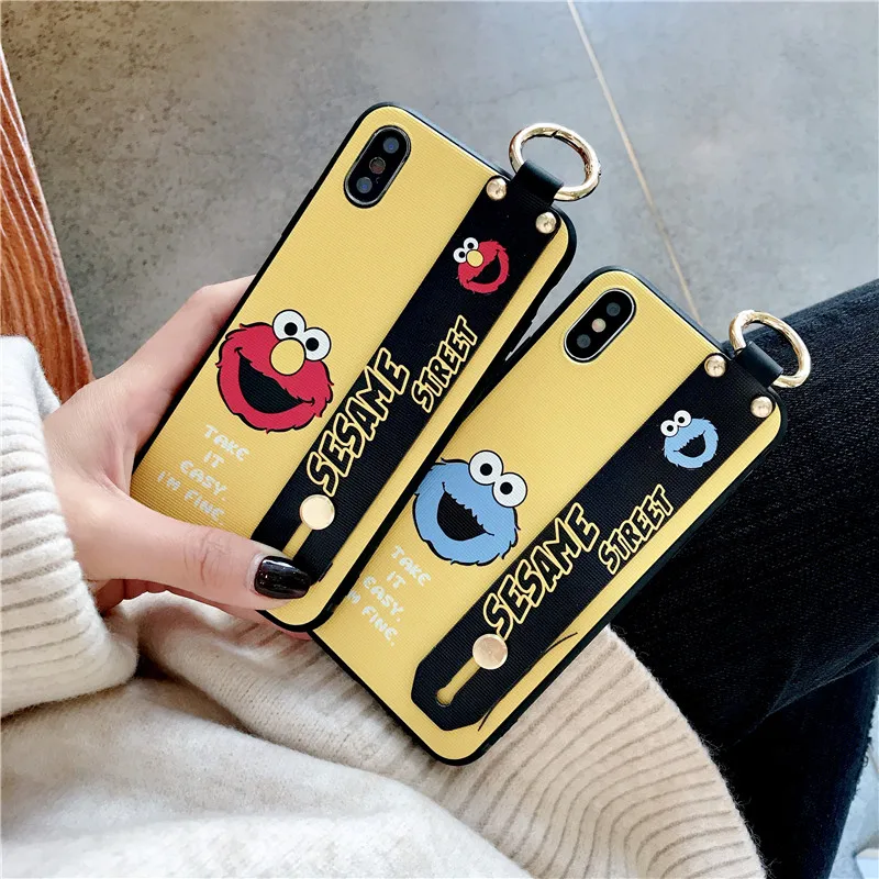 

Cartoon Sesame Street Wristband Strap Phone Cases For iPhone 6 6S 7 8 Plus Soft TPU Back Cover Ring Case For iPhone X XS MAX XR