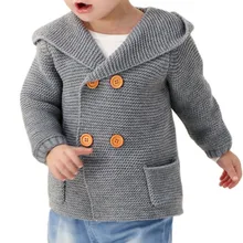 Свитер для новорожденных; кардиган; сезон осень-зима; теплые куртки с капюшоном и длинными рукавами на пуговицах; пальто для маленьких мальчиков и девочек
