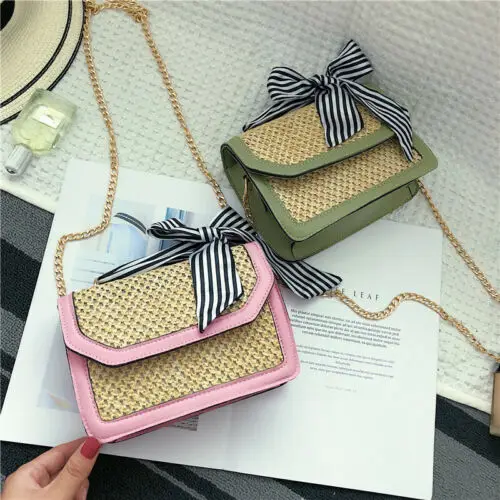 Women Fashion Straw Bowknot Shoulder Bag Lady Handbag Leather Crossbody Bag Ladies Bow Pactwork Shoulder Bags Women Handbags