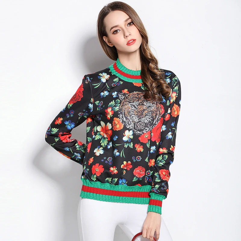 2017 Sweaters Women Winter O neck Long sleeved Floral Tiger Print ...