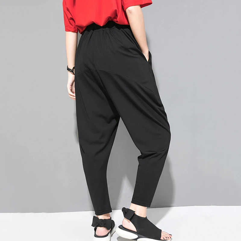 [EAM] New Autumn Winter High Elastic Waist Black Leisure Pocket Stitch Loose Harem Pants Women Trousers Fashion Tide JW997