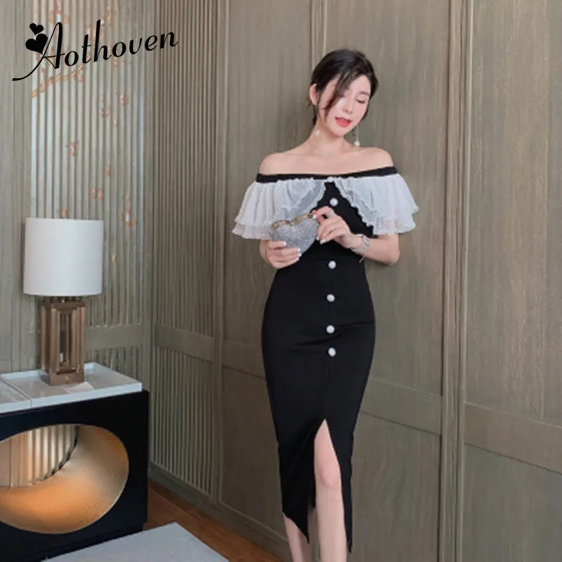 

Summer Black Lace Patchwork Pencil Dress Off the Shoulder Slash Neck Dress Women Office Sexy Party Ladies Maxi Dresses Vestidos