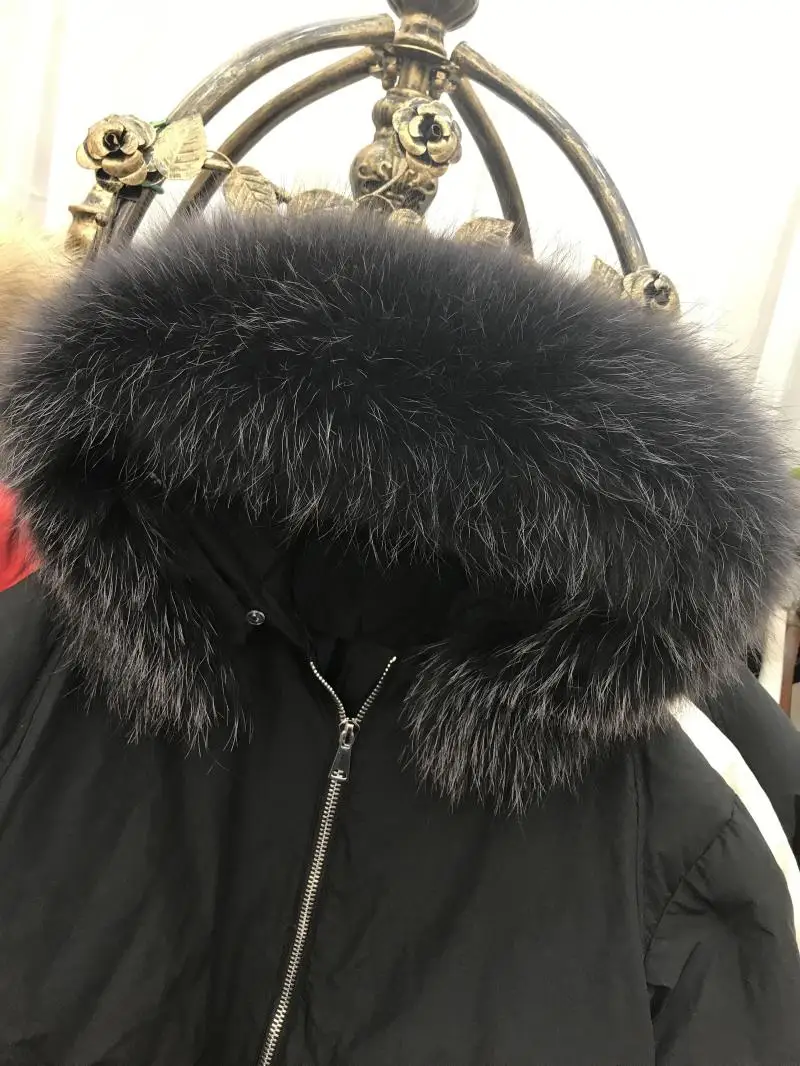 Новинка, корейский стиль женские пуховик женская зимняя куртка puffer parka ткань из натурального меха енота Красный Черный Крем негабаритных