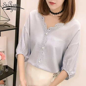 

2018 summer women blouse shirt solid blue and white color women tops fashion V collar lace chiffon women clothing 0340 40