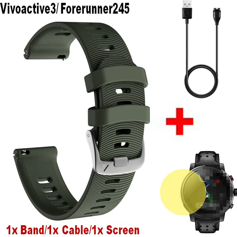 3 в 1 силиконовый смарт-ремешок для часов Garmin Vivoactive 3 пленка для экрана+ USB кабель зарядное устройство для Garmin Forerunner 245 браслет