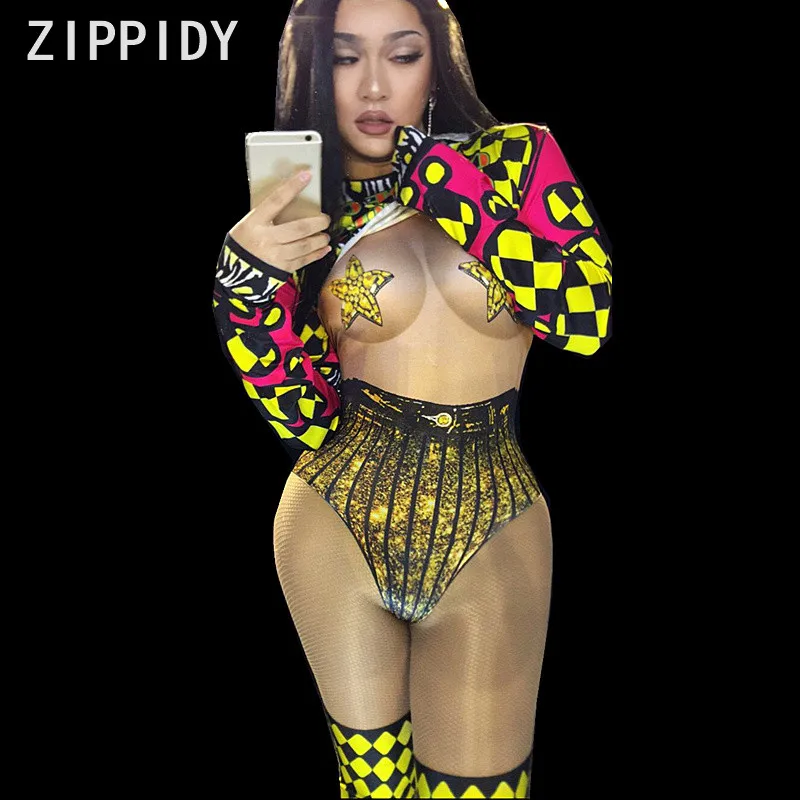 

2018 Gold Printed Unique Bodysuit Sexy Leggings Nightclub Singer Dance Wear Stretch Bodysuits Women's Birthday Party Show Outfit