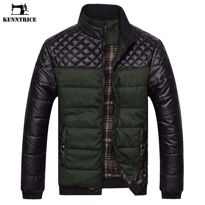

KENNTRICE Mens Puffer Jacket Casual Warm Parka Men Winter Jacket Patchwork Pu Leather Coat Korean Male Clothes