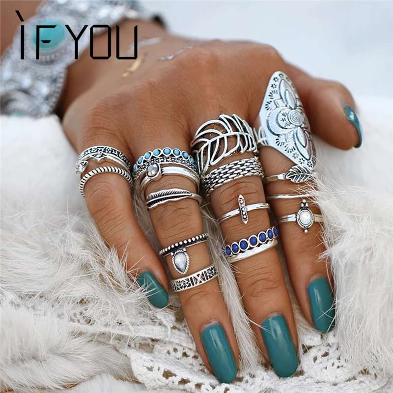 IF YOU Vintage Stone Opal Rings Set Bohemian Geometric Antique Silver Color Knuckle Shield Rings For Women Jewelry