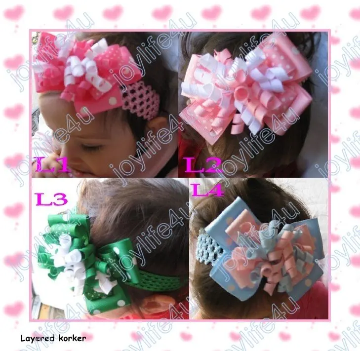 

free shipping 50pcs NEW 4-4.5'' layered korker hair bows with 1.5'' crochet headbands whosale and retail