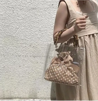 

PVC Transparent Bag For Women Handbag With Bamboo Handle Small Chain Crossbody Bags Ladies Straw Beach Capacity Composite Bag