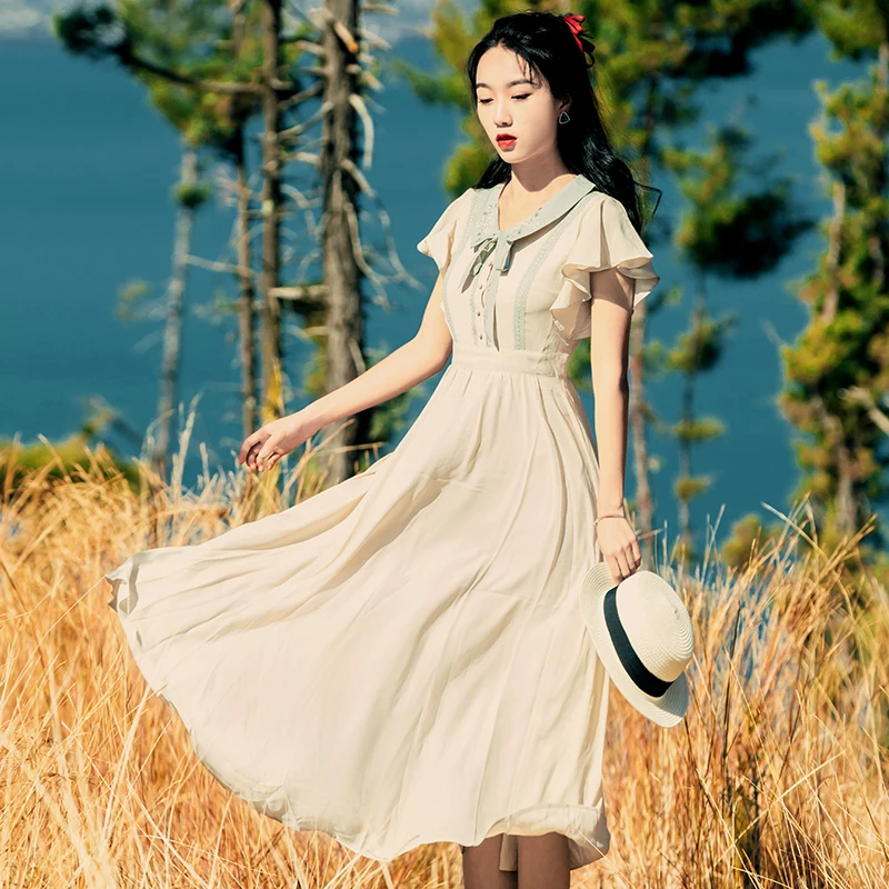 

2019 Summer New Fairy Student Chiffon Dress Mid-length Slim Travel Vacation Sweet And Lovely Party Beach Dresses