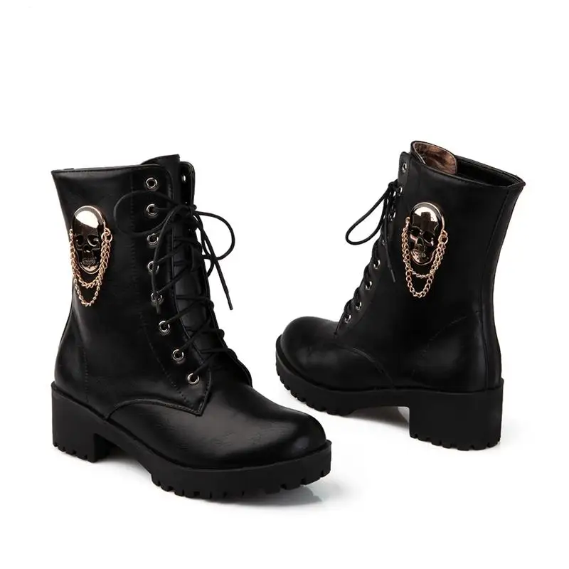MORAZORA/новые женские ботинки больших размеров 34-43 осенне-зимние ботинки на квадратном каблуке со шнуровкой и круглым носком женские ботильоны с металлическим черепом