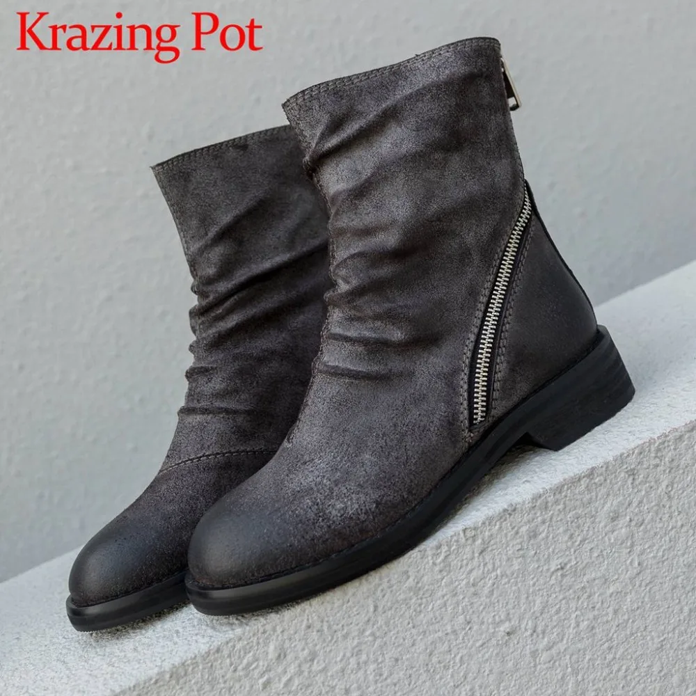

2018 new arrival natural leather european superstars round toe pleated design low heels zipper high quality mid-calf boots L33