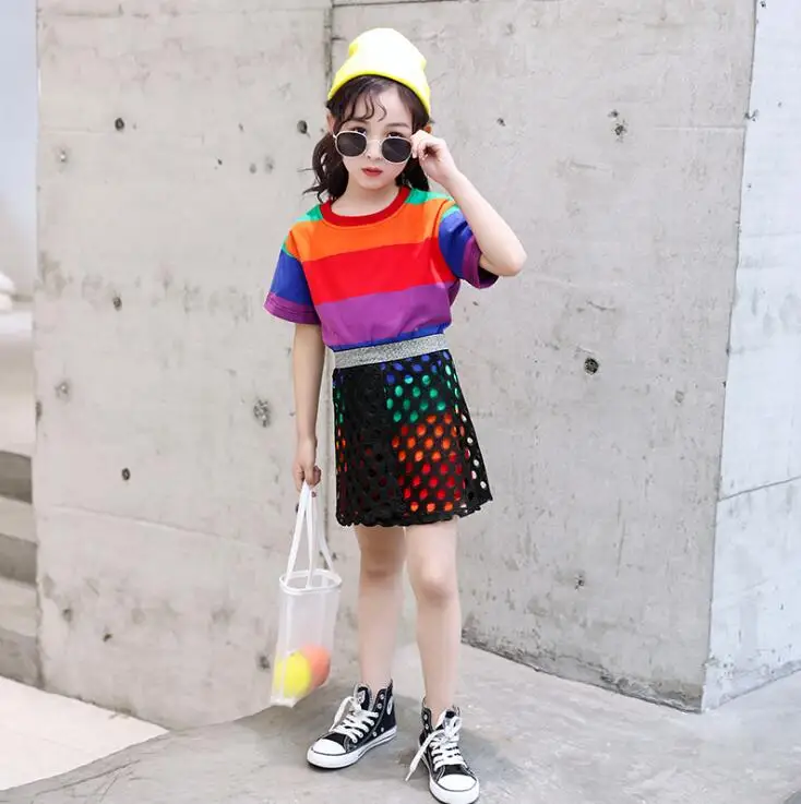 

AA623 Summer Girls Sets 2019 Colour striped casual long T-shirt + Hollowed skirt Children's Sets 110-160cm Kids Sets Retail