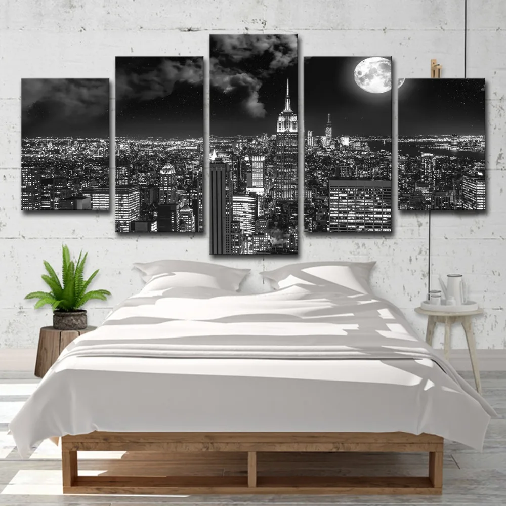 5P0175 Canvas Prints Poster Wall Art Pictures 5 Pieces Surreal City Night Brightly Moon Landscape Paintings Living Room Decor Framework  (9)