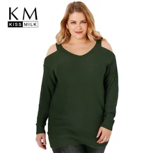 Kissmilk Women Plus Size Cold Shoulder Side Hollow Out Sweater Solid Long Sleeve Basic Tops Large Size Loose Sweater 3XL 7XL Kissmilk Women Plus Size Cold Shoulder Side Hollow Out Sweater Solid Long Sleeve Basic Tops Large Size Loose Sweater 3XL 7XL