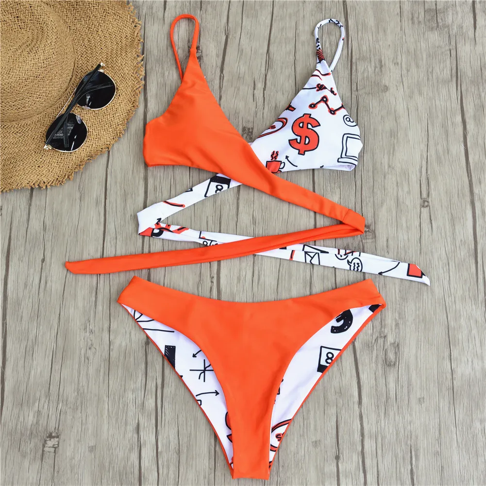 

2018 Women Sexy Bikini Ladies Bandage Patchwork Print Swimwears Female Halter Bikinis Set Swimsuit Women Low Waist Bathing Suit
