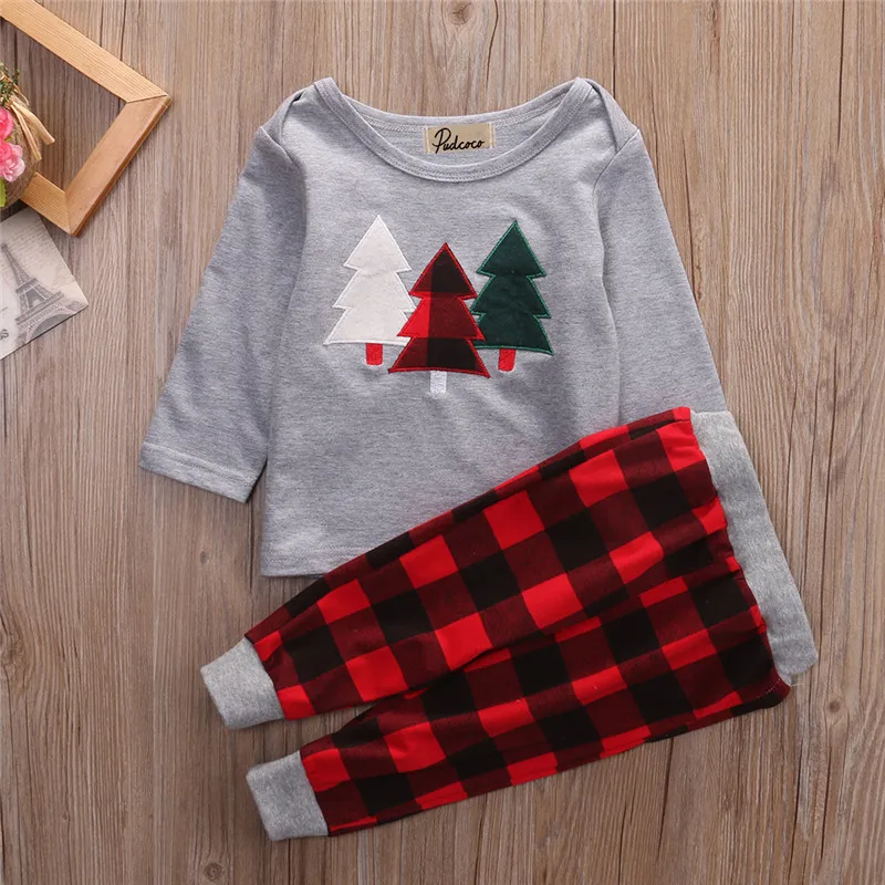 Pudcoco/Лидер продаж, Рождественская одежда для маленьких мальчиков и девочек футболка с длинными рукавами+ клетчатые штаны комплекты из 2 предметов Рождественская одежда комплект одежды для малышей - Цвет: Серый