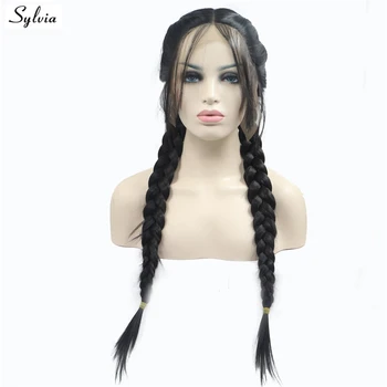 Sylvia Double Braids Wig With Baby Hair Heat Resistant Fiber Natural 2# Color Braided Synthetic Lace Front Wigs Stock For Women