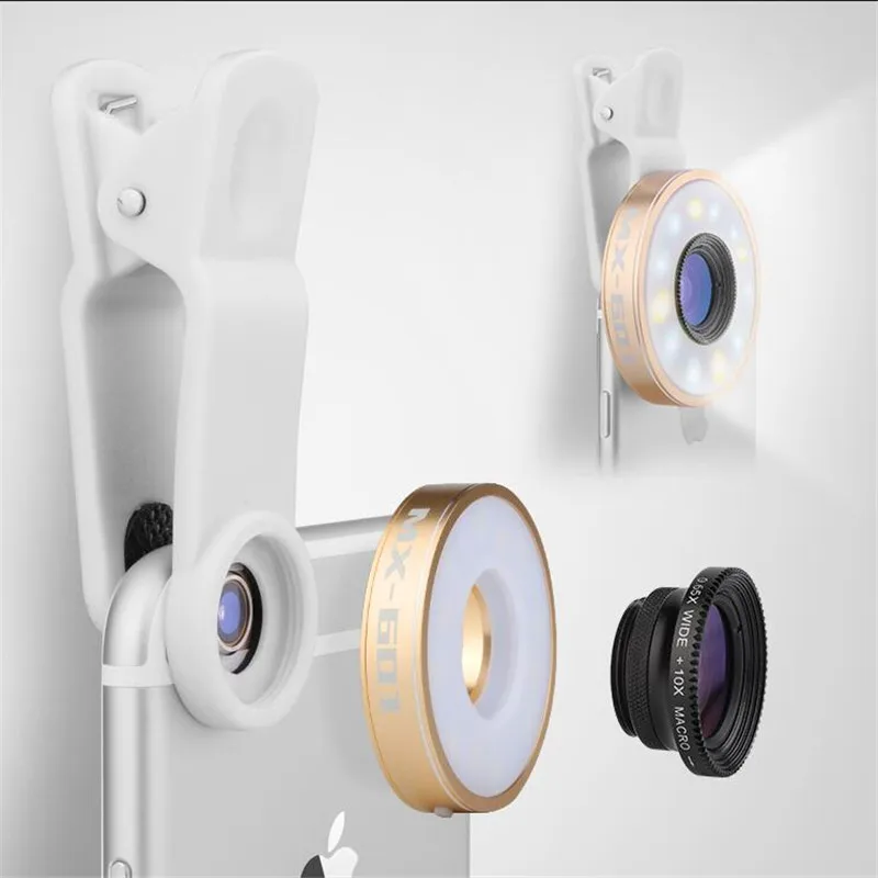 Fisheye Phone Camera Lens Kit LED Selfie Fill in light