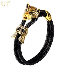 U7 Nueva Llegada Lobo Charm Pulsera Hombres Joyería de Oro Plateado de Acero Inoxidable Negro Pulseras De Cuero Joyería Animal H847