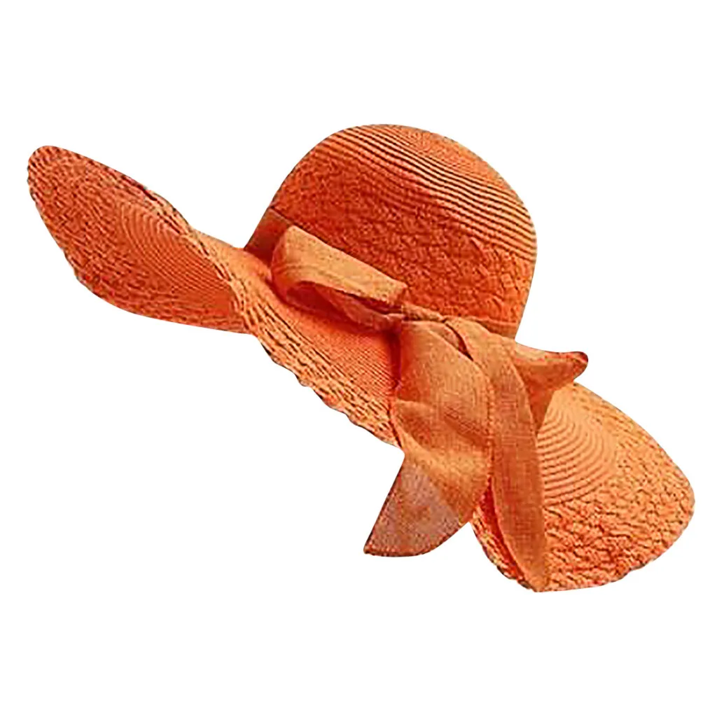 Новая летняя коллекция вдоль солнцезащитный женская соломенная шляпа большой край соломенная шляпа с бантом широкополая шляпа от солнца шляпы с широкими полями пляжные Кепки# J3 - Цвет: Оранжевый
