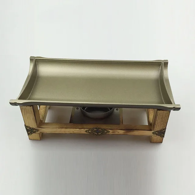 Cast Aluminum Non Stick Grill Plate Teppanyaki Tray Barbecue Skewers Chafing Dish Wood Stand Party Cast Aluminum Non Stick Grill Plate Teppanyaki Tray Barbecue Skewers Chafing Dish Wood Stand Party