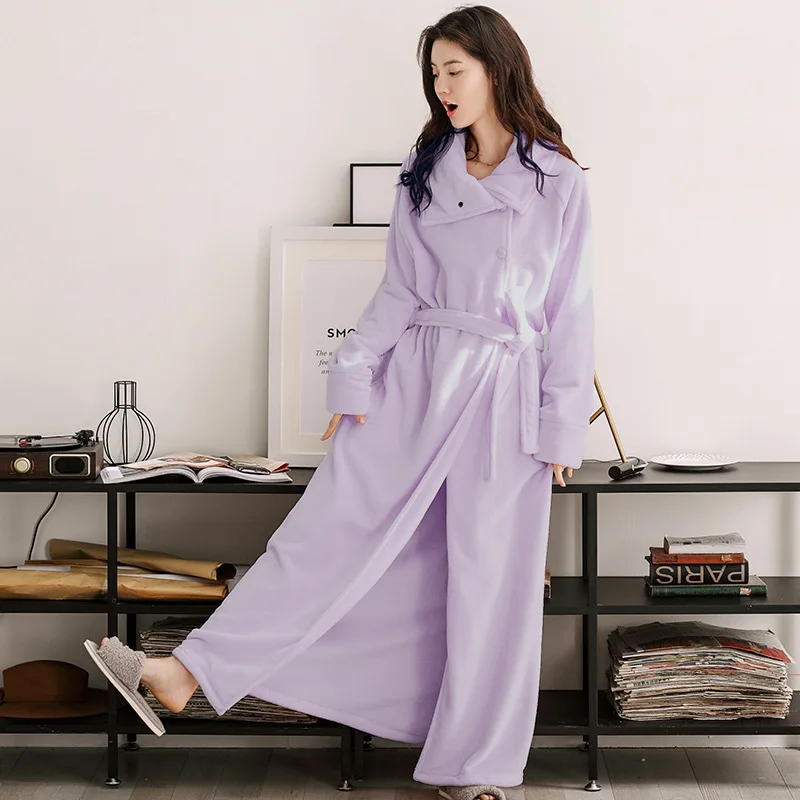 Фланелевый женский зимний халат высокого качества, длинный теплый женский банный халат, кардиган с высоким воротником, домашний халат - Цвет: Light purple