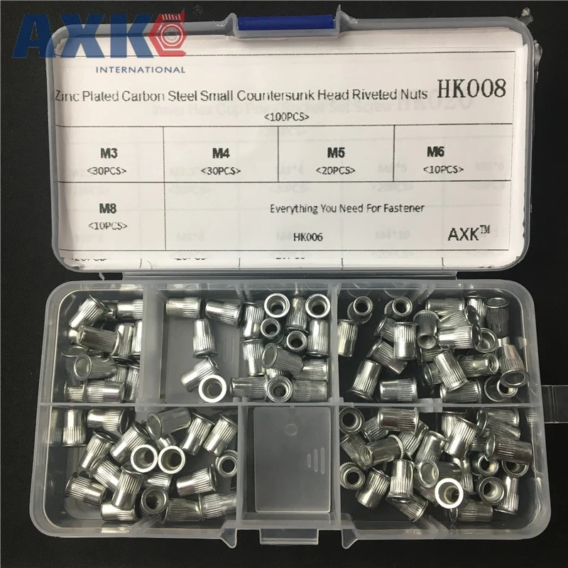

100Pcs/Box M3 M4 M5 M6 M8 Zinc Plated Carbon Steel Small Countersunk Head Riveted Nuts Insert Nutsert Cap Rivet Nut Kit HK008