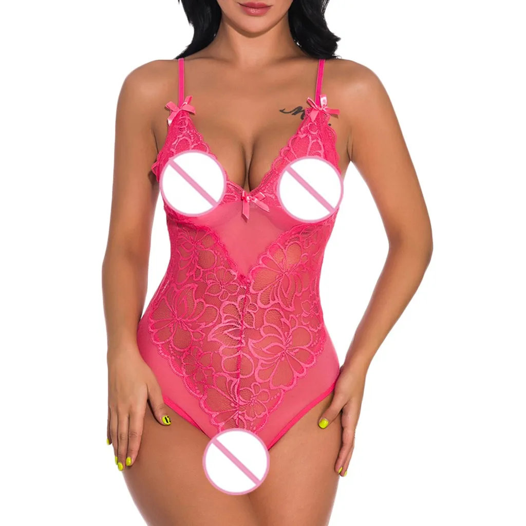 Bodysuit Sexy Women Watermelon Red Lace Bodysuit One Piece Babydoll Teddy V Neck Bow Lingerie Jumpsuit Catsuit 19June17 P30