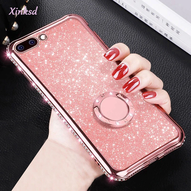 

For iPhone XS Max XR 8 7 6S 6 s Plus Glitter Diamond Magnetic Finger Ring Kickstand Case For Samsung Galaxy Note 9 S9 Plus Cover