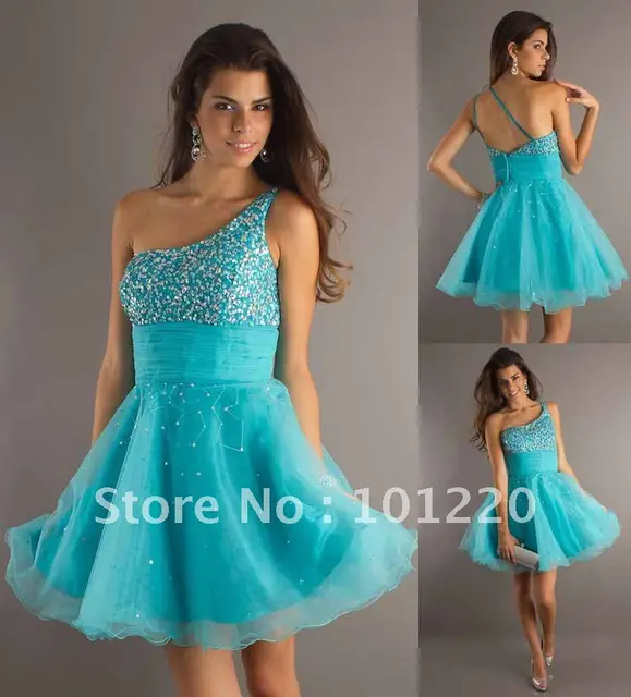 Free Shipping One Shoulder Turquoise Dress Sequin Bodice A Line ...