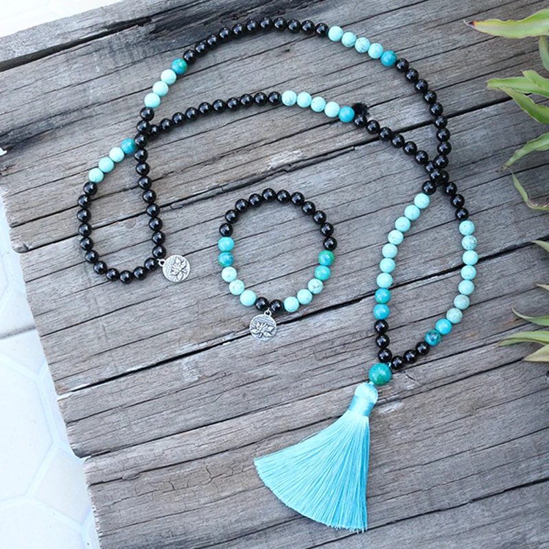 

8mm Natural Stone Beads,Black Onyx,Blue Turquoise,Lotus,JapaMala Sets,Spiritual Jewelry,Meditation,Inspirational, 108 Mala Beads