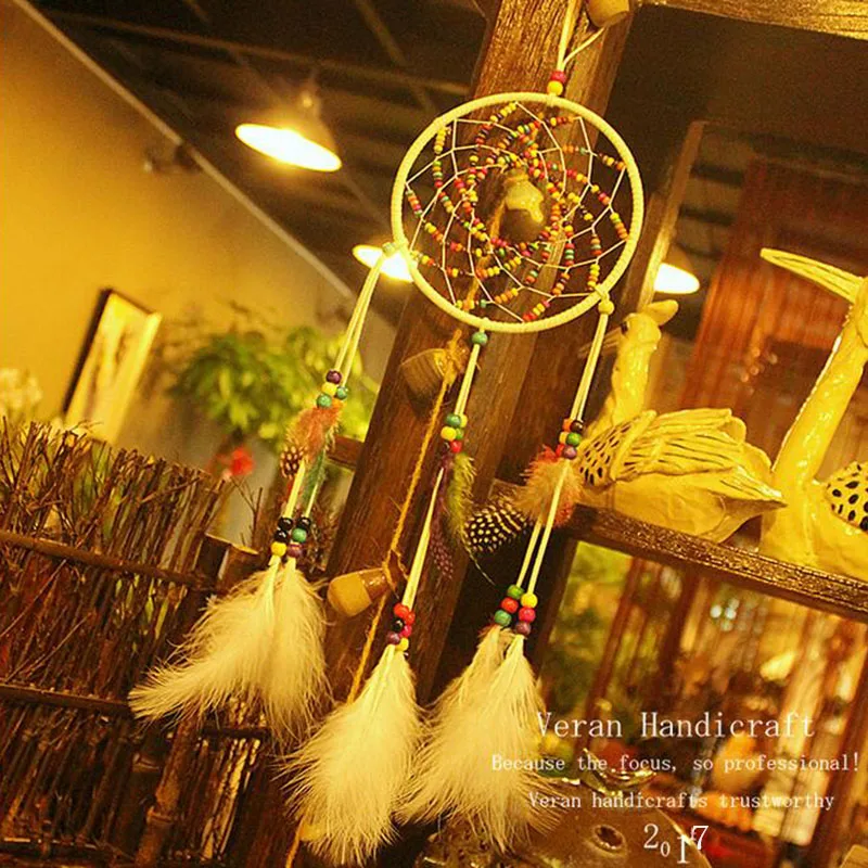 

Colorful Wooden Beads Dreamcatcher Wind Chimes Handmade Crafts Dream Catcher with Feathers Car Home Hanging Ornaments Gifts