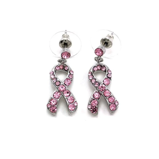 Light Pink Ribbon Breast Cancer Awareness Stud Post Earrings Rhinestones