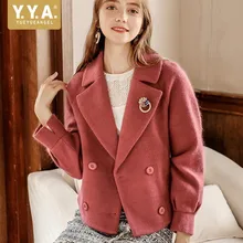 Европейский стиль куртки женские осенние элегантные двубортные с v-образным вырезом офисные женские куртки однотонные бежевые красные короткие женские зимние пальто