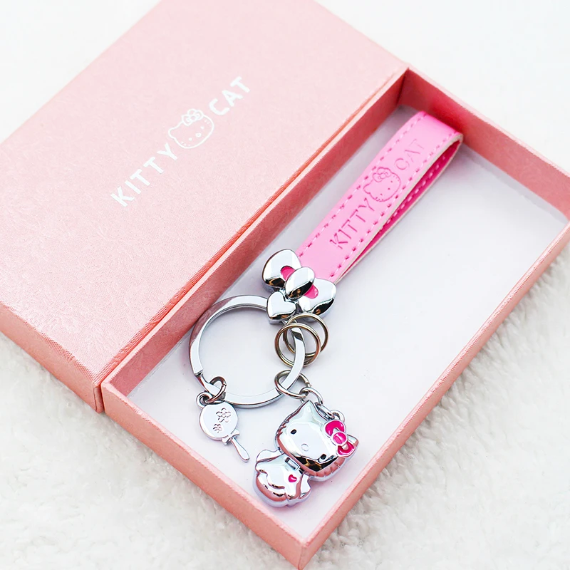 

Cute Hello Kitty Keychain Leather Key Chain Metal KT Key Rings for Car Key Chains Holder Trinkets Charm Llaveros Bag Accessories