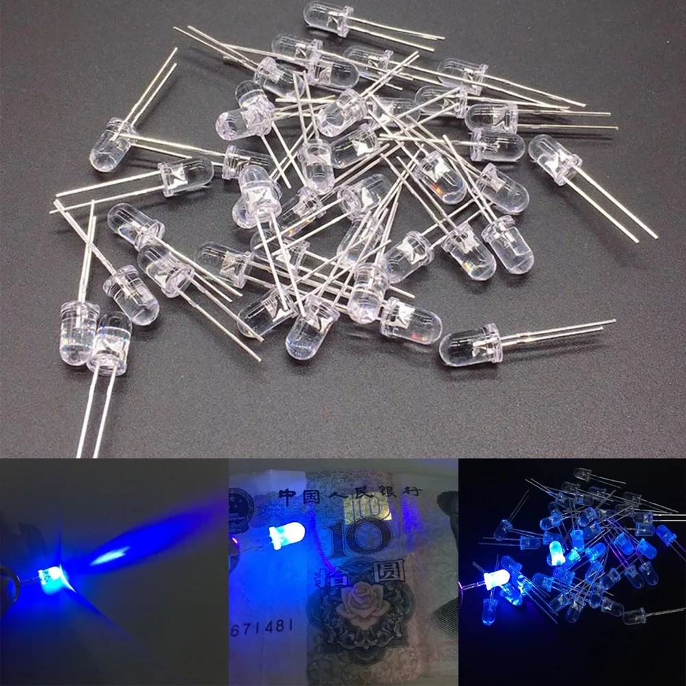 100pcs 5mm Ultraviolet 395nm 400nm UV LED Diode Light Emitting Lamp 5 mm UVLED (Ultra Violet Purple Round Water Clear Lens) | Освещение