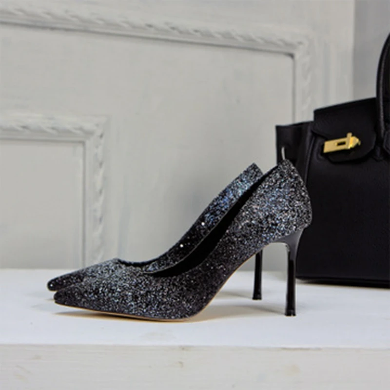

2019 spring new black and white gradient sequins pointed stiletto shallow mouth high heels dinner casual shoes women.