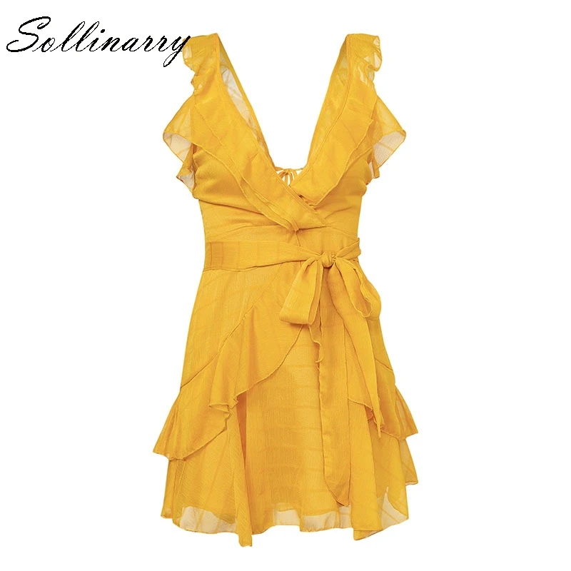 Sollinarry Women Dress Green Sexy Chiffon Casual Dress Bohemian Beach Party Dress Solid Ruffles Yellow DressVestidos