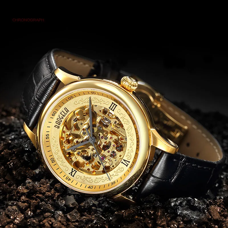 Baogela الرجال الهيكل العظمي التناظرية الميكانيكية الساعات أزياء والجلود حزام الذهب الطلب المعصم ووتش للماء للرجل 1710-Black Baogela الرجال الهيكل العظمي التناظرية الميكانيكية الساعات أزياء والجلود حزام الذهب الطلب المعصم ووتش للماء للرجل 1710-Black