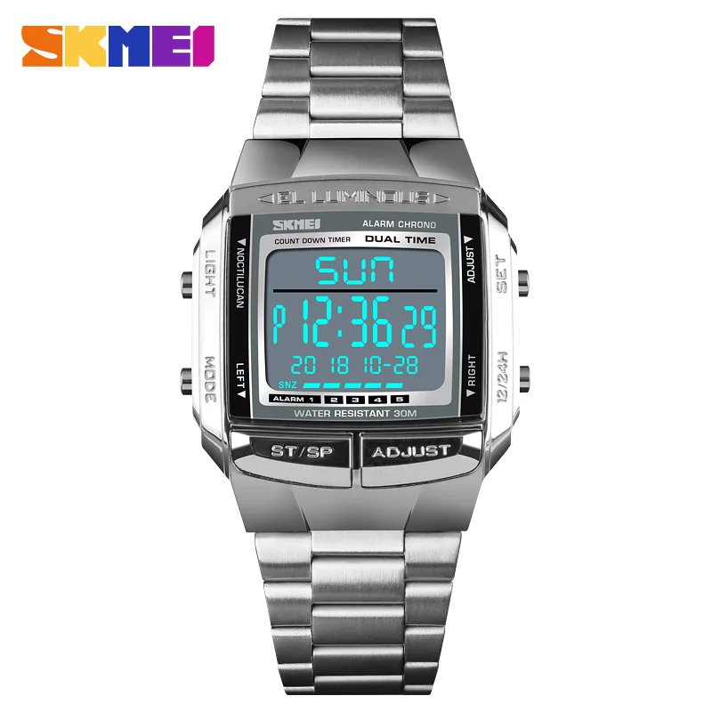 Мужские часы бренд SKMEI часы водонепроницаемые из нержавеющей стали цифровые мужские s наручные часы с хронографом обратного отсчета спортивный браслет для мужчин - Цвет: Silver
