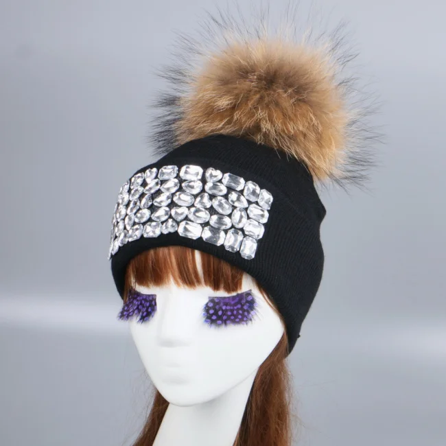 Женская брендовая зимняя шапка для девочек модные головные уборы skullies beanies роскошные стразы тепловой зимние шапки из натурального меха норки, Теплые повседневные без полей для мужчин, шляпа - Цвет: mink pompom