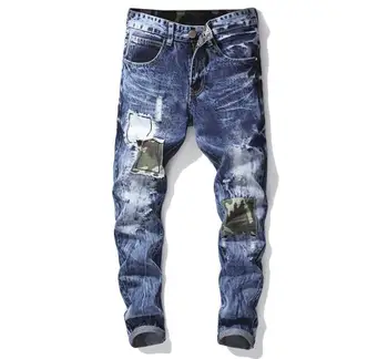 

Fashion Hip Hop Patch Retro Jeans Men's Casual Hole Straight Biker Jeans Loose Slim Destroyed Torn Ripped Denim Man Jeans