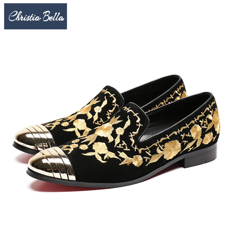 

Christia Bella Black Suede Men Handmade Loafers with Delicate Embroidery Fashion Party and Banquet Men's Flats Slippers Shoes